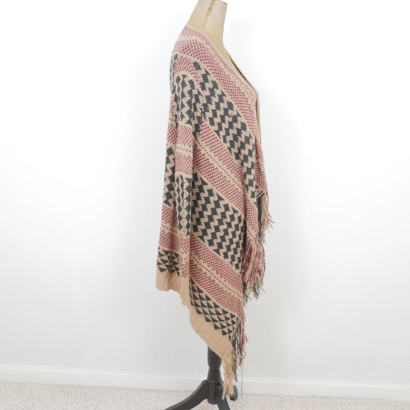 Full Tilt Tan Black Red Boho Print Fringe Uneven Hem Soft Size Small Cardigan - Picture 5 of 13